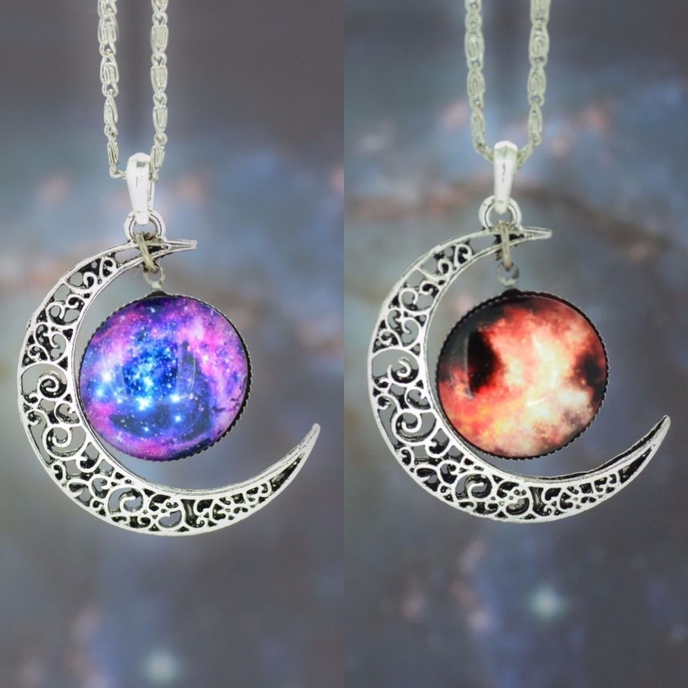 Dome Galaxy Crescent Moon Silver Necklace - Picture 2 of 3